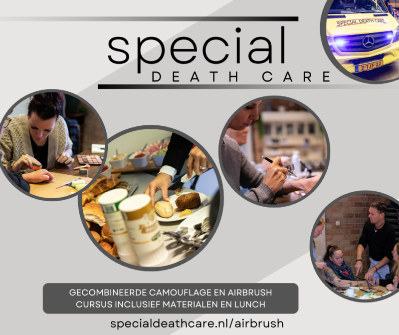 Airbrush Special Death Care, Wagens Special Death Care, voomalig ambu, voormalig ambulance, special death care, klinische lessen, postmortale zorg, thanatopraxie, buikpunctie, airbrush, vervoer, pacemaker, reconstructie, reconstructies, camouflage, camouflage cursus, airbrush cursus, presentaties, presentatie altijd werken in emotie, boeken, boek alrijd werken in emotie, boek als de dood begint te ruiken, boek zonder hartslag, aardbeving turkije, humanitaire hulp, death care germany, bodyseal, beladen presentatie, embalmer, specialistische postmortale zorg, Edwin spieard