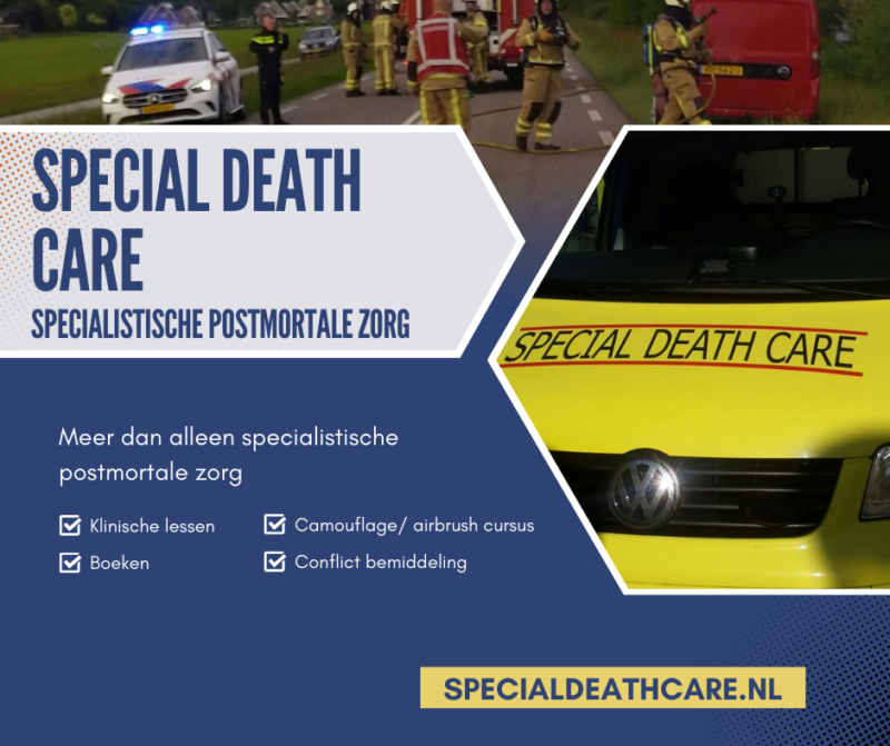 Les Special Death Care, Airbrush Special Death Care, Wagens Special Death Care, voomalig ambu, voormalig ambulance, special death care, klinische lessen, postmortale zorg, thanatopraxie, buikpunctie, airbrush, vervoer, pacemaker, reconstructie, reconstructies, camouflage, camouflage cursus, airbrush cursus, presentaties, presentatie altijd werken in emotie, boeken, boek alrijd werken in emotie, boek als de dood begint te ruiken, boek zonder hartslag, aardbeving turkije, humanitaire hulp, death care germany, bodyseal, beladen presentatie, embalmer, specialistische postmortale zorg, Edwin spieard