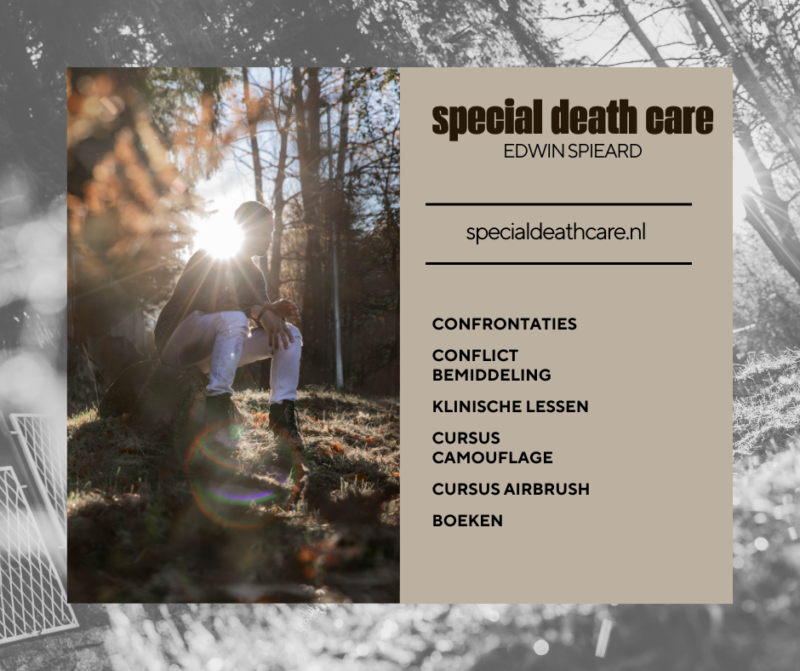 Edwin Spieard - Special Death Care, Airbrush Special Death Care, Wagens Special Death Care, voomalig ambu, voormalig ambulance, special death care, klinische lessen, postmortale zorg, thanatopraxie, buikpunctie, airbrush, vervoer, pacemaker, reconstructie, reconstructies, camouflage, camouflage cursus, airbrush cursus, presentaties, presentatie altijd werken in emotie, boeken, boek alrijd werken in emotie, boek als de dood begint te ruiken, boek zonder hartslag, aardbeving turkije, humanitaire hulp, death care germany, bodyseal, beladen presentatie, embalmer, specialistische postmortale zorg, Edwin spieard